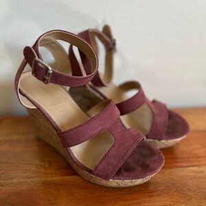 Burgundy Wedge Sandals with Ankle Strap